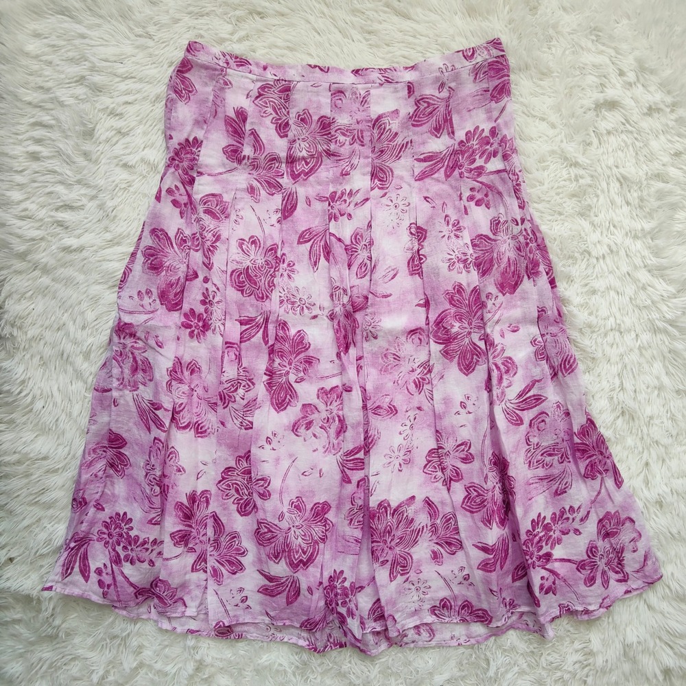 J. Jill Pink Floral Linen Pleated Prairie Skirt Cottagecore Coquette Lined 20W